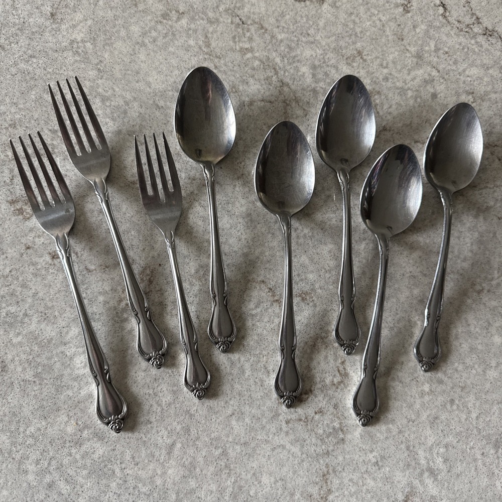 Vintage Ekco Eterna Regal Rose Flatware Set Forks Spoons Stainless Lot of 8 Read